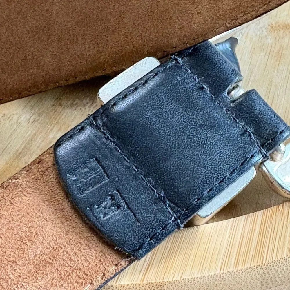 Vintage Ritz Black Leather Belt Medium Silver Tone Hardware Cowboy Maximum